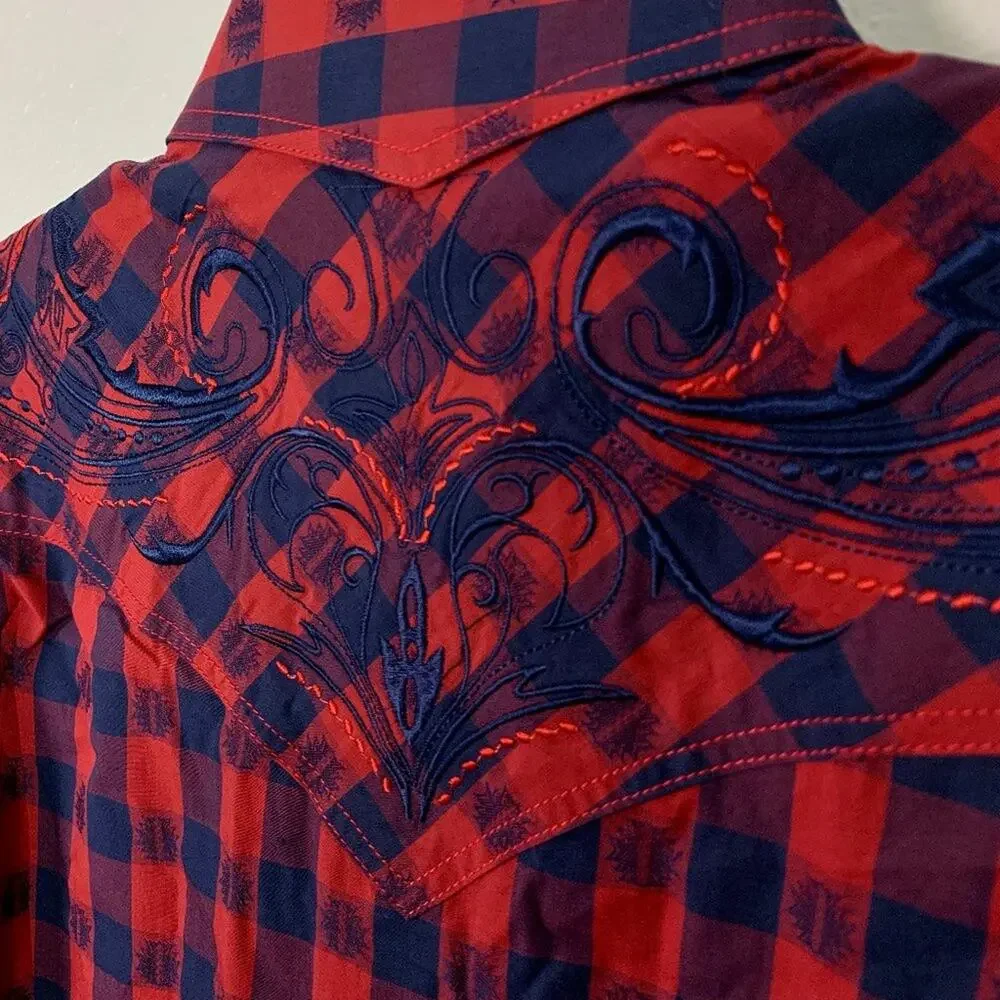 Panhandle Slim Men's Red/Blue Plaid Pearl‎ Snap Western Shirt Size Large